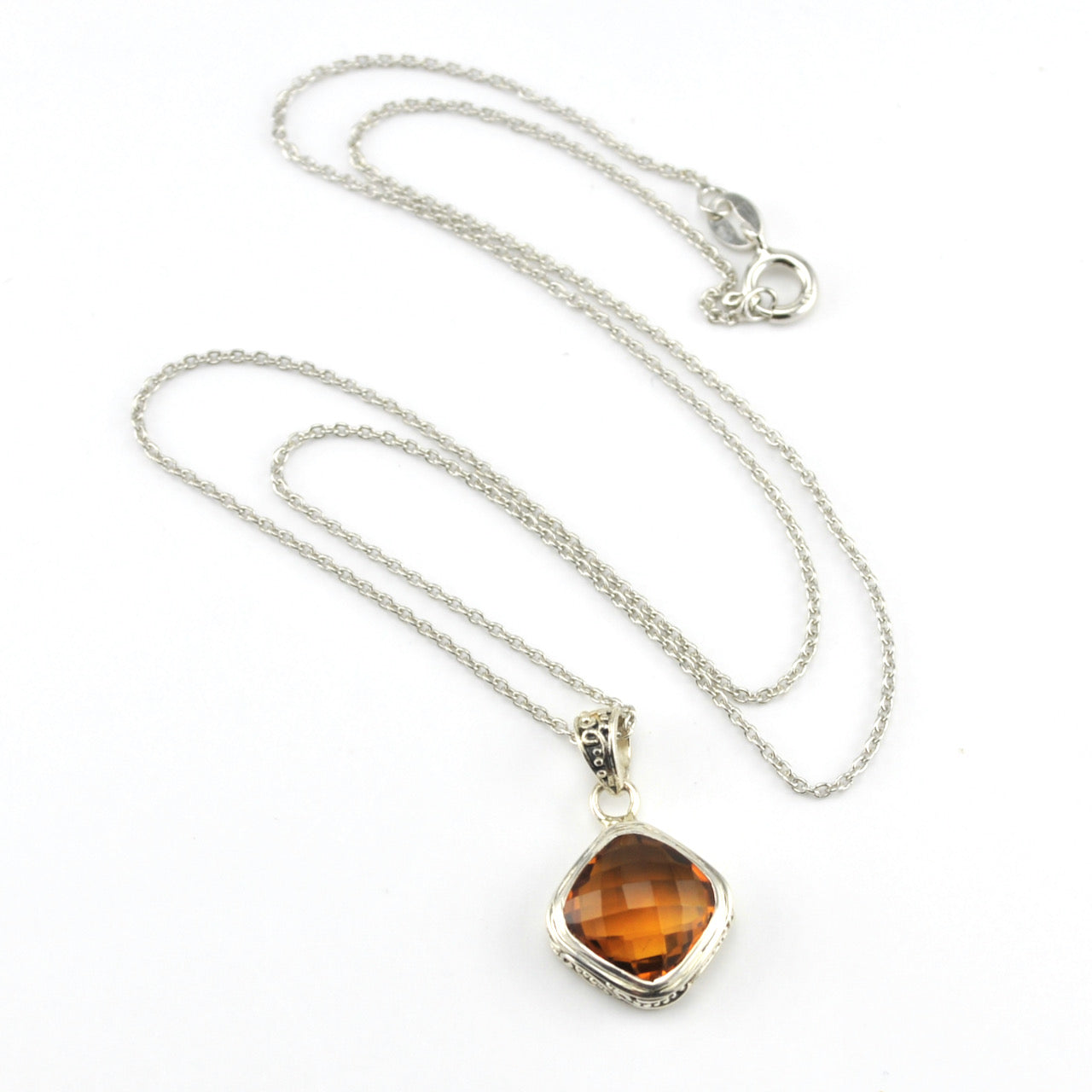 Silver Citrine 10mm Offset Square Bali Necklace