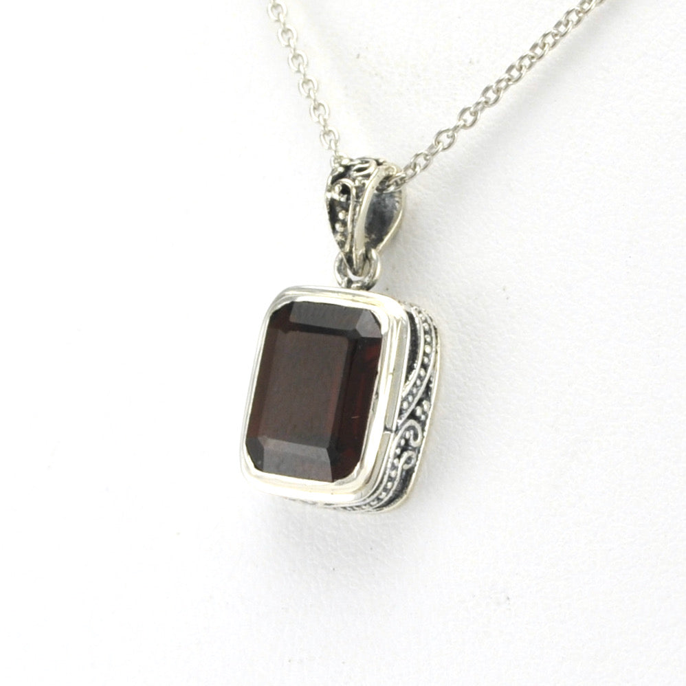 Side View Silver Garnet 8x10mm Rectangle Bali Necklace
