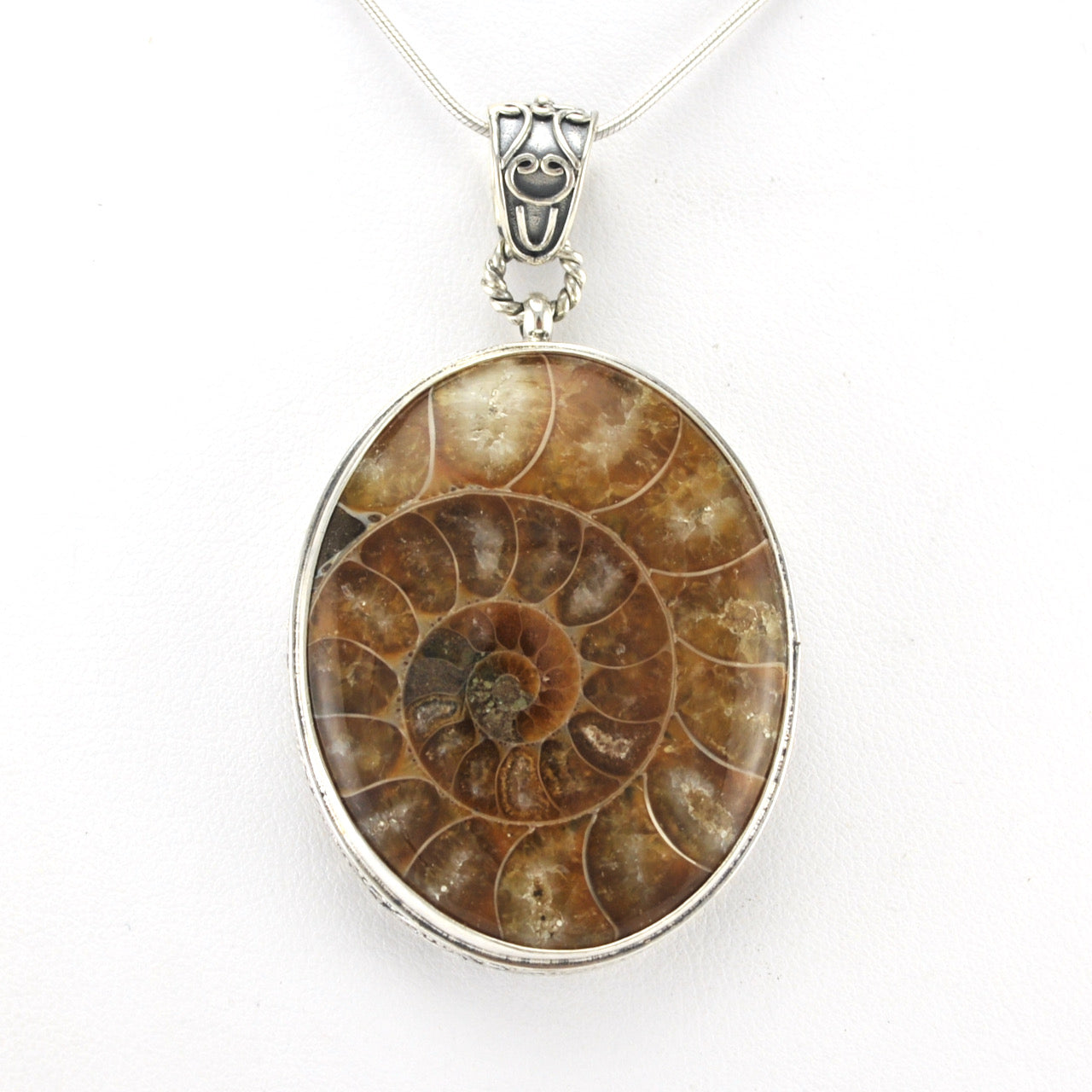 Alt View Silver Ammonite Oval Bali Pendant