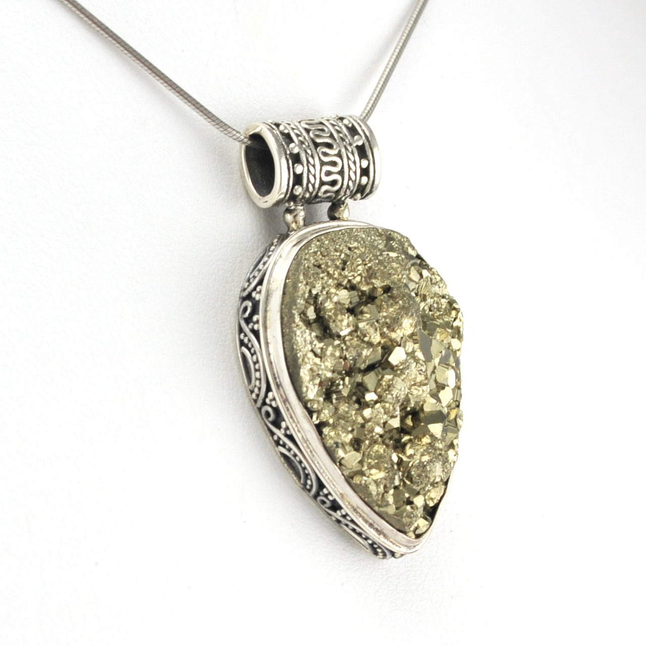 Side View Sterling Silver Pyrite Pear Bali Pendant