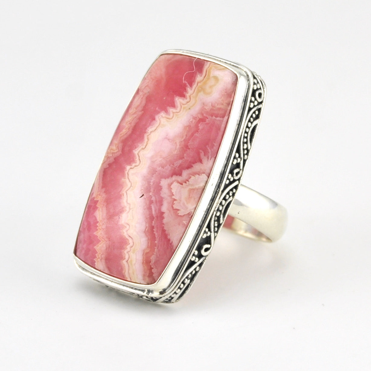 Sterling Silver Rhodochrosite Rectangle Bali Ring