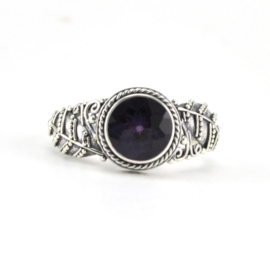 Alt View Silver Amethyst 8mm Round Leaf Ring