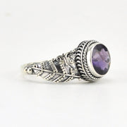 Side View Silver Amethyst 8mm Round Leaf Ring