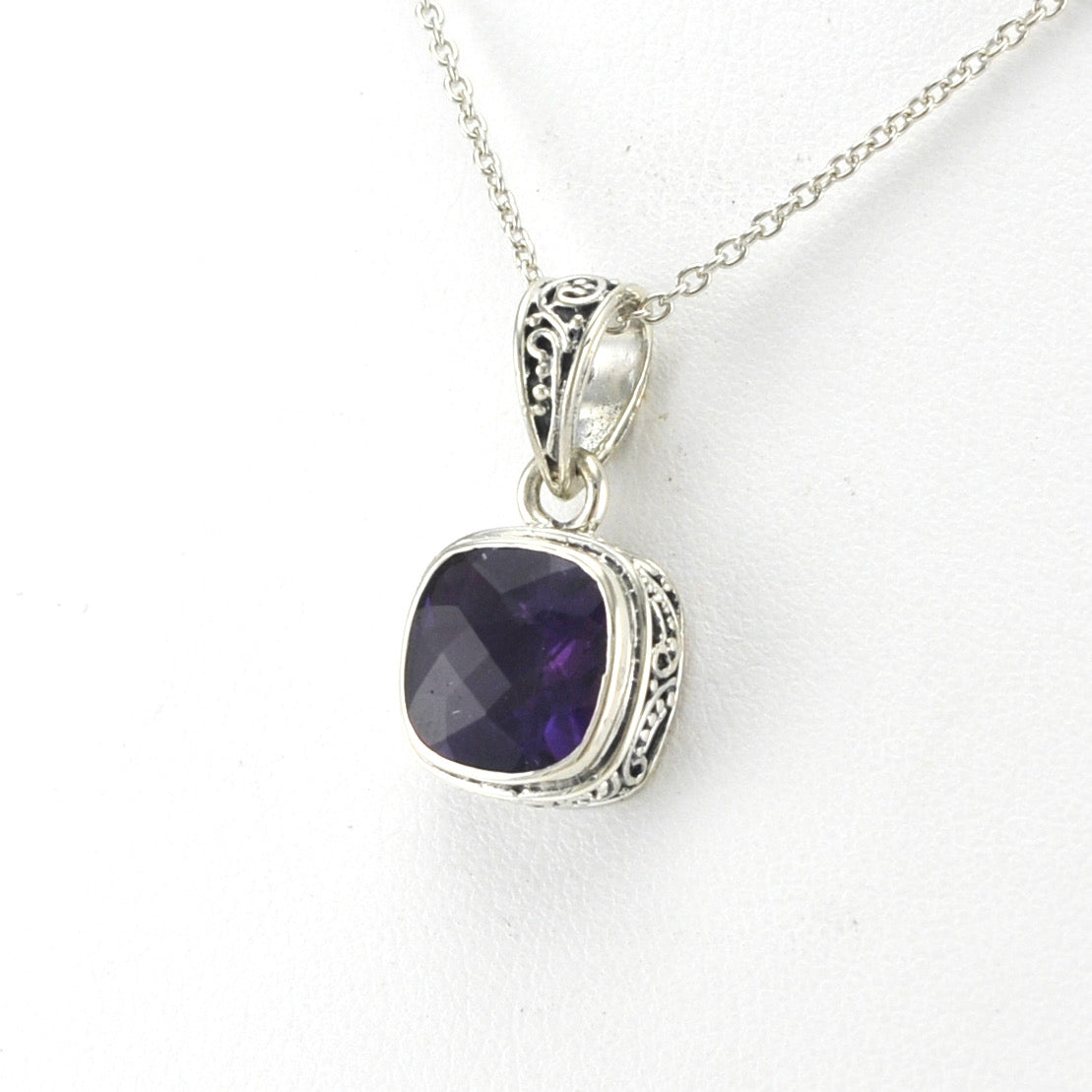 Side View Silver Amethyst 9mm Square Bali Necklace