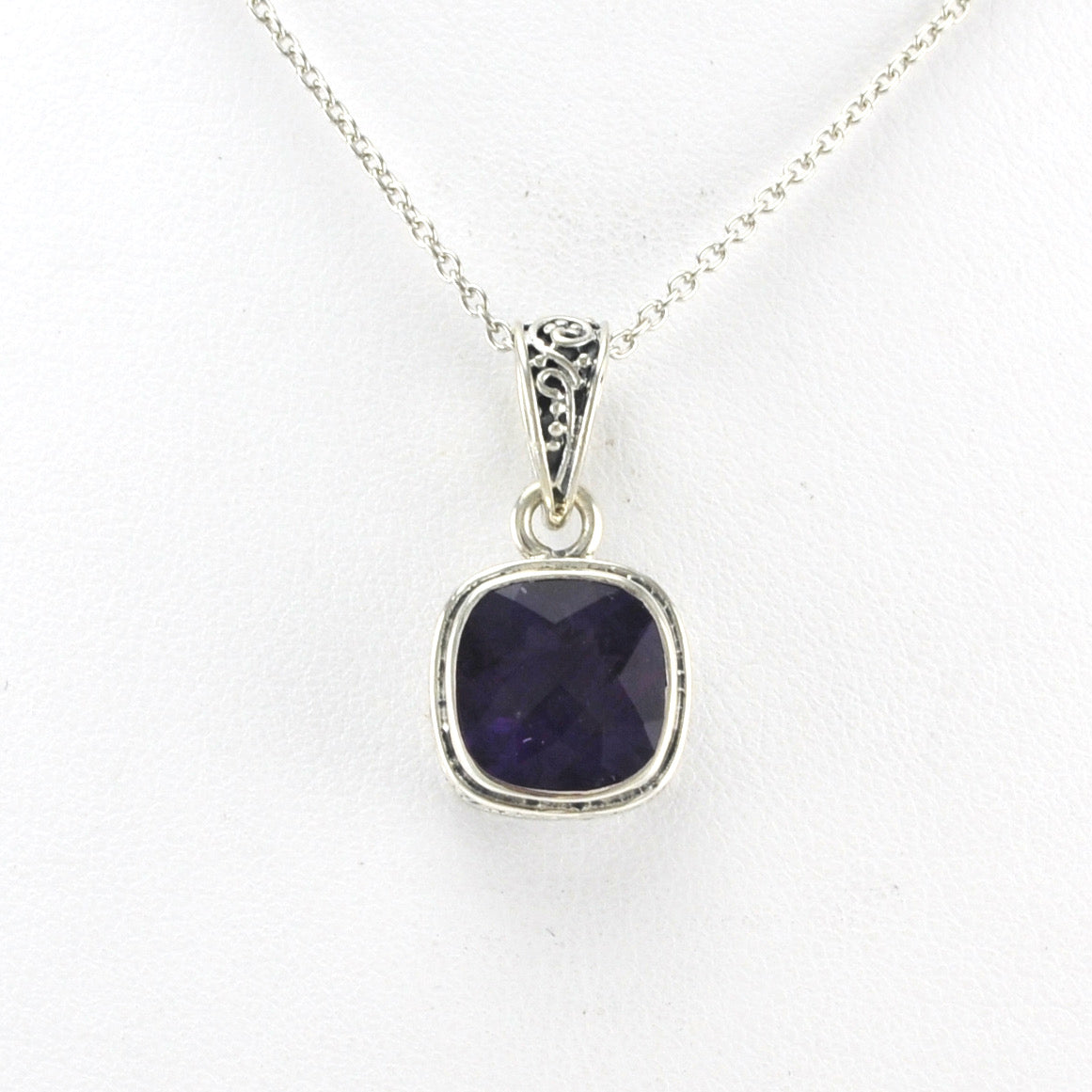Alt View Silver Amethyst 9mm Square Bali Necklace