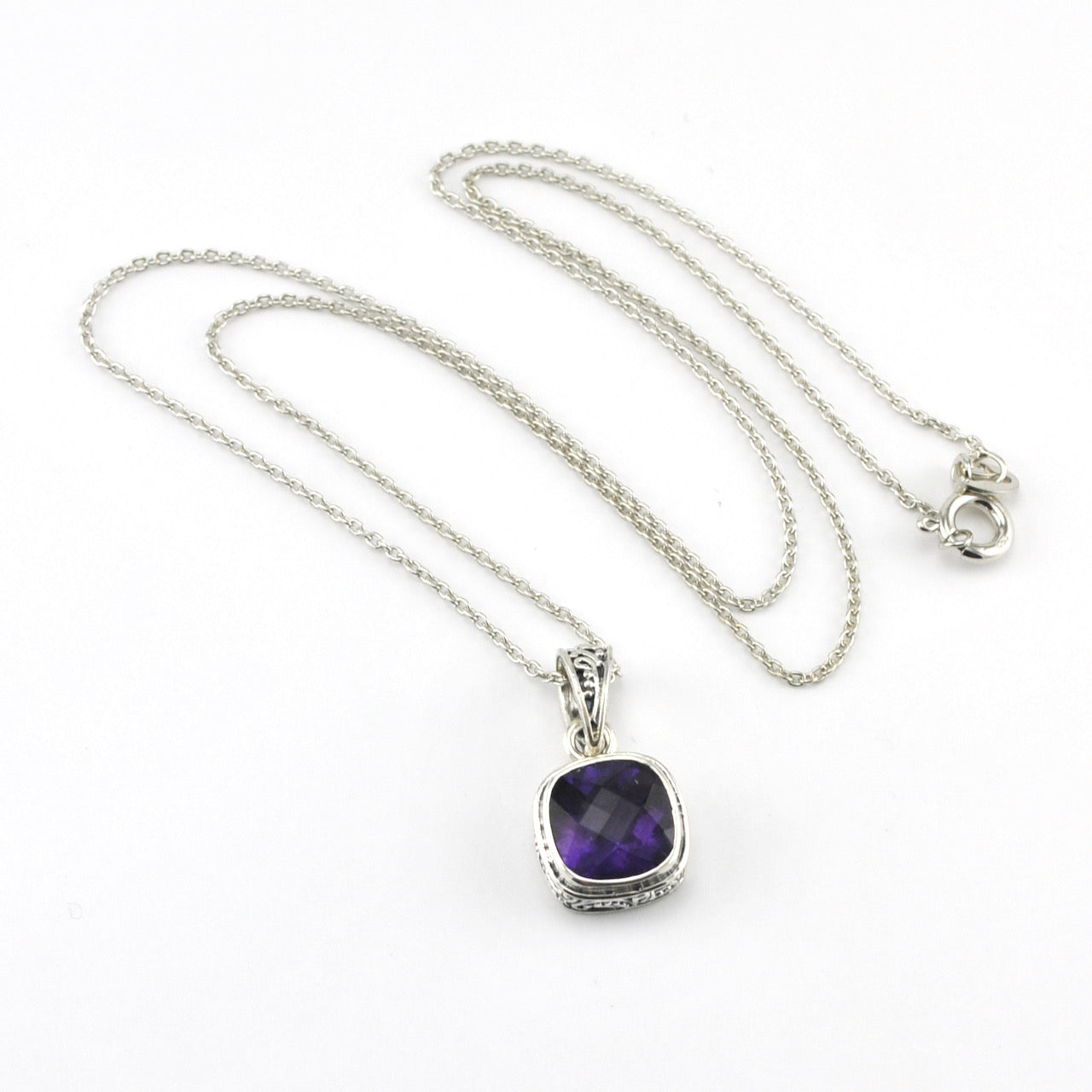 Silver Amethyst 9mm Square Bali Necklace