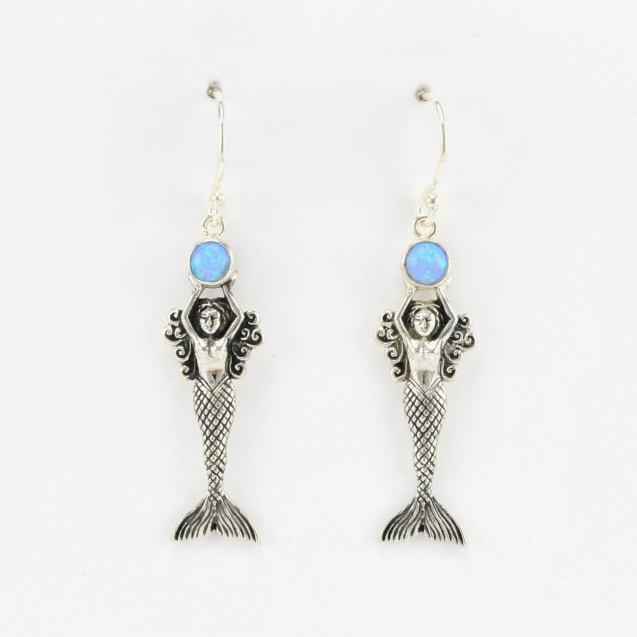 Alt View Silver Created Blue Opal Mermaid Dangle Earrings