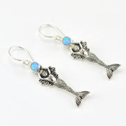 Side View Silver Created Blue Opal Mermaid Dangle Earrings
