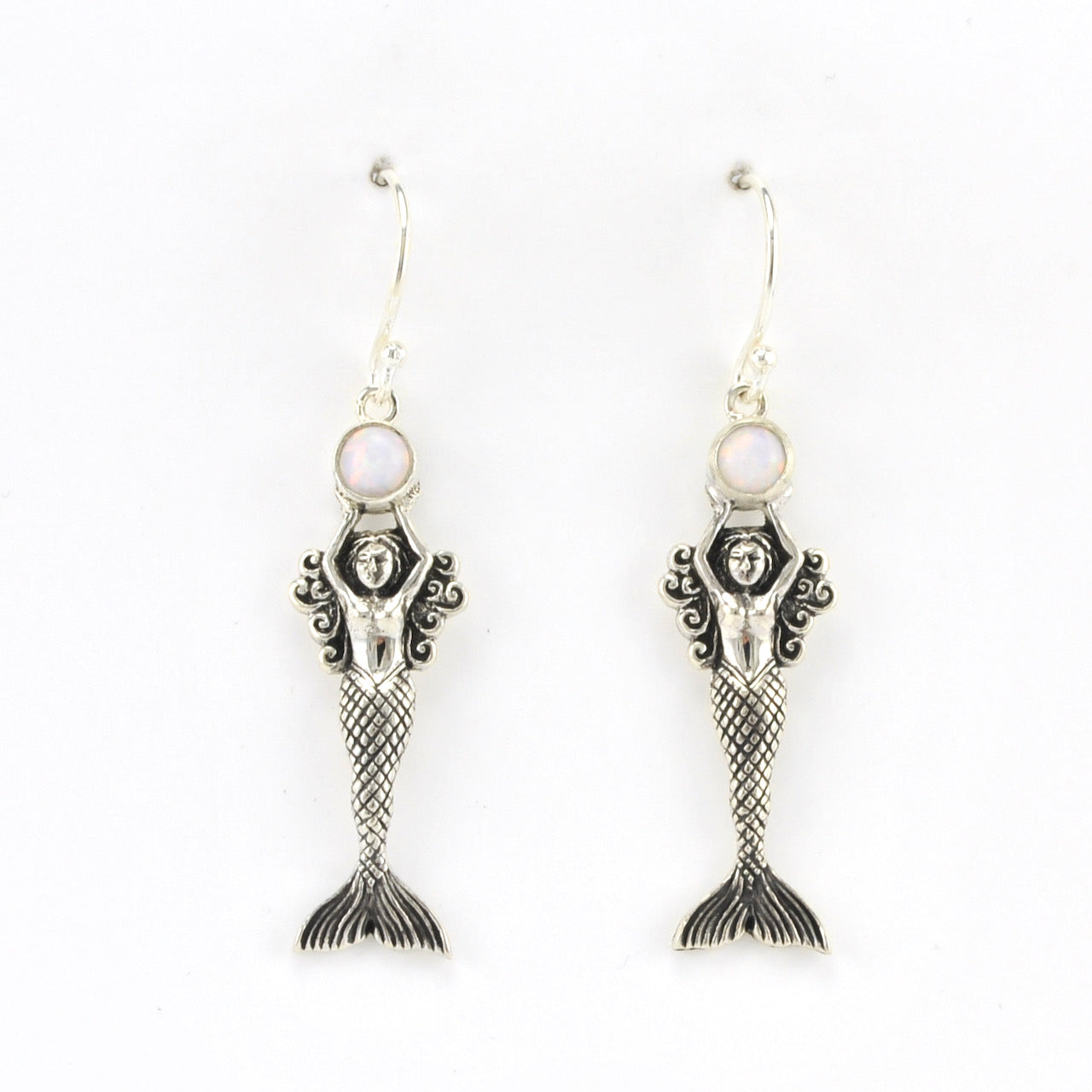 Silver Created White Opal Mermaid Dangle Earrings