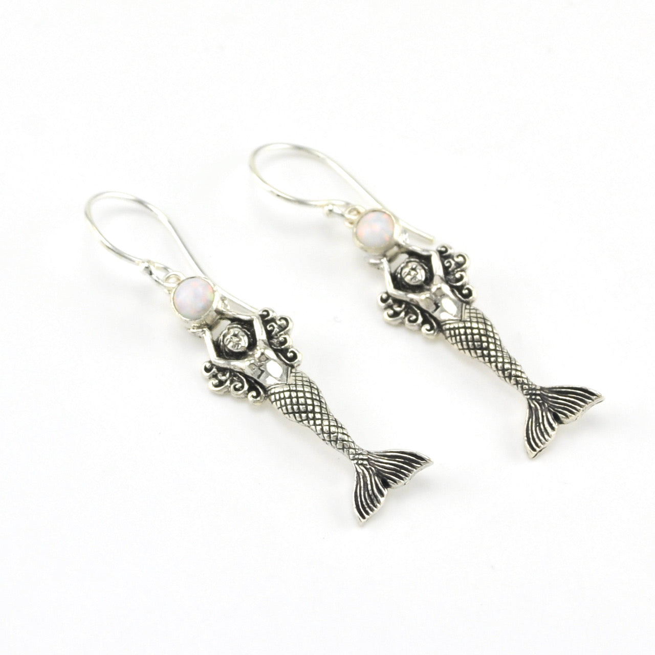 Alt View Silver Created White Opal Mermaid Dangle Earrings