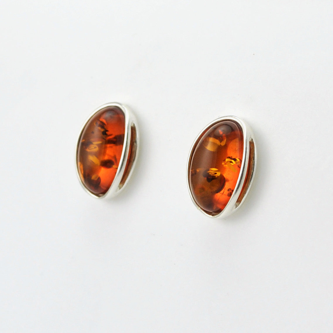 Side View Sterling Silver Amber Oval Post Earrings