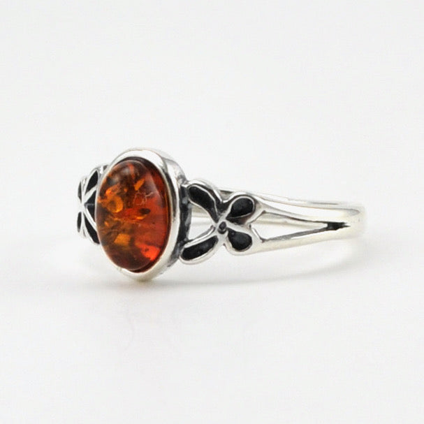 Sterling Silver Amber Oval with Butterfly Ring