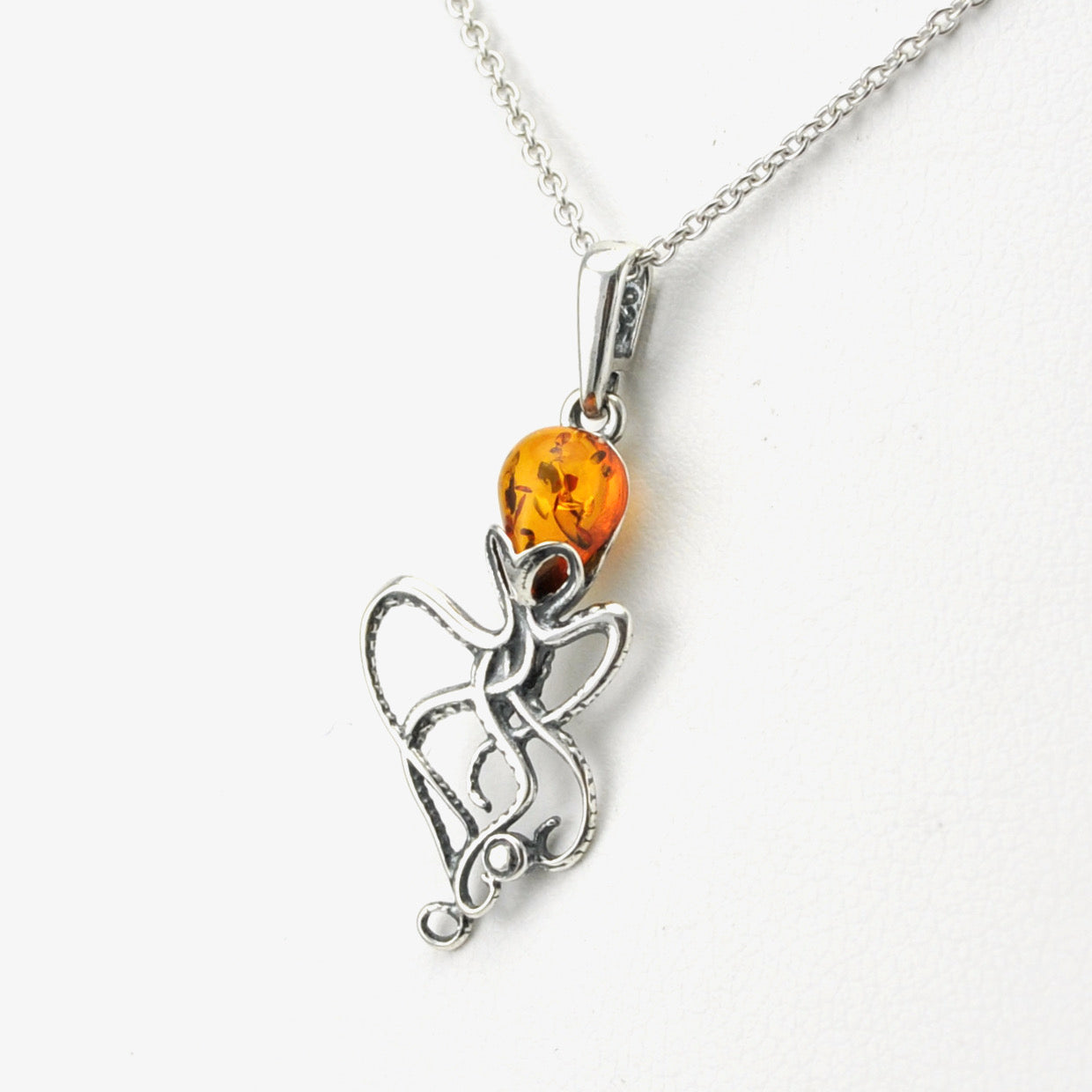 Side View Sterling Silver Amber Octopus Necklace