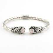 Sterling Silver Created White Opal Round Bali Hinged Cuff Bracelet