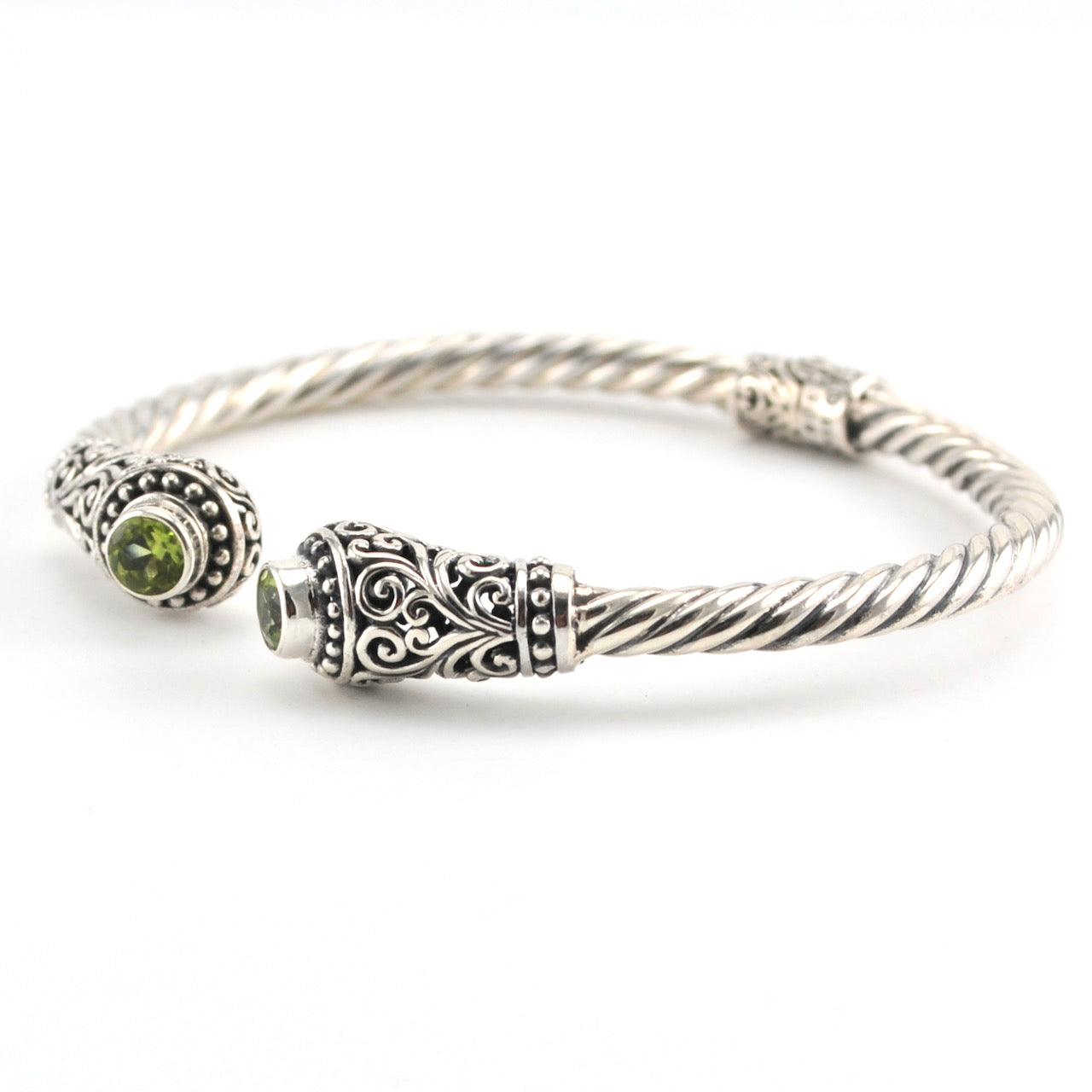 Side View Sterling Silver Peridot Round Hinged Cuff Bracelet