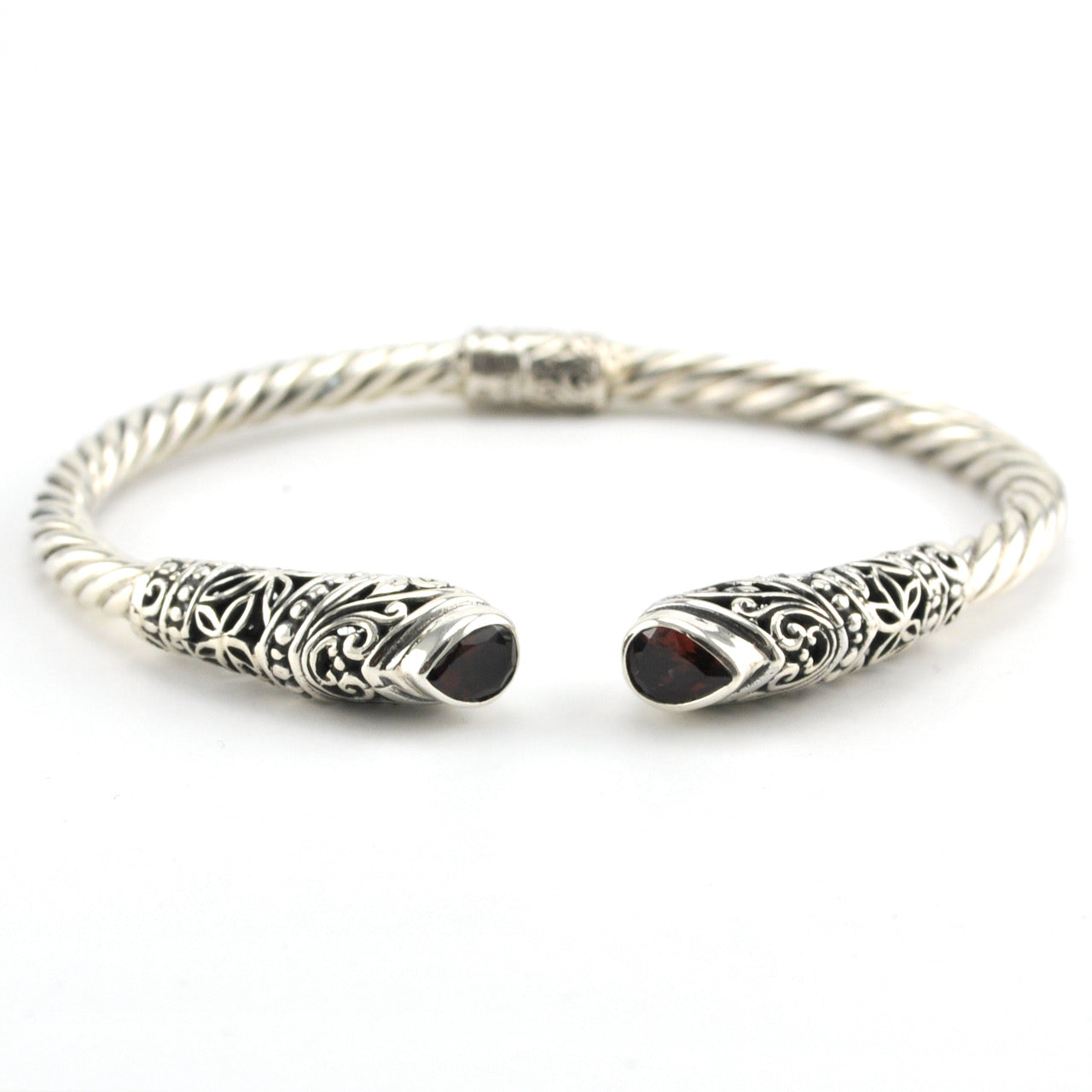 Sterling Silver Garnet Tear Bali Hinged Cuff Bracelet