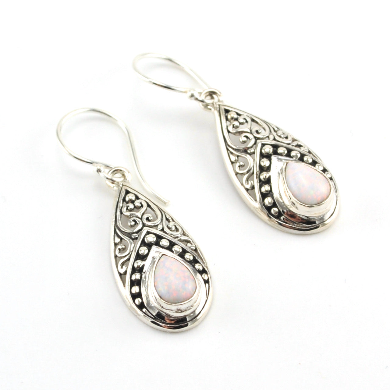 Sterling Silver Created White Opal Tear Bali Earrings