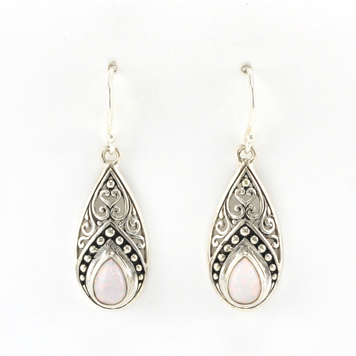 Alt View Sterling Silver Created White Opal Tear Bali Earrings