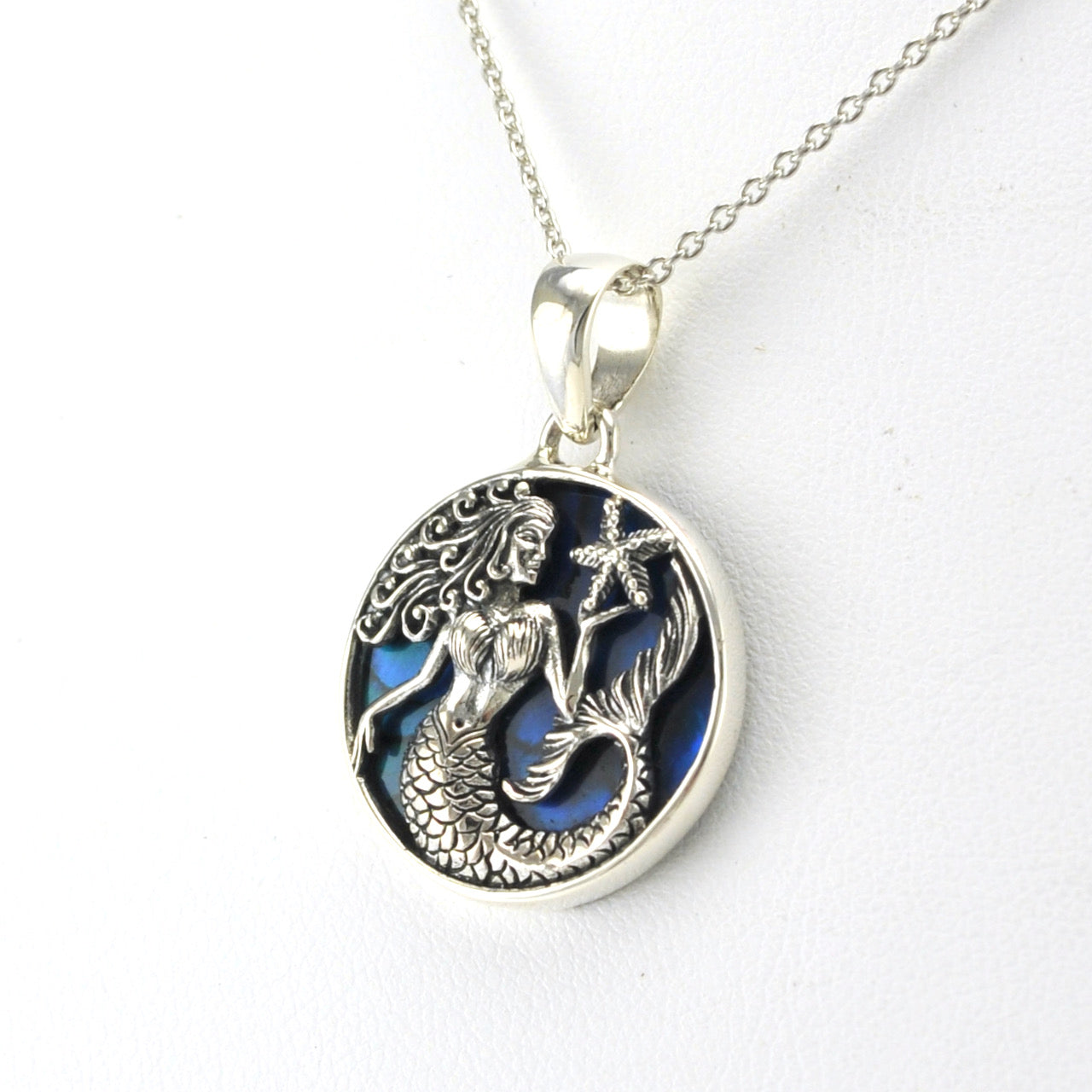 Side View Sterling Silver Blue Abalone Mermaid with Starfish Necklace