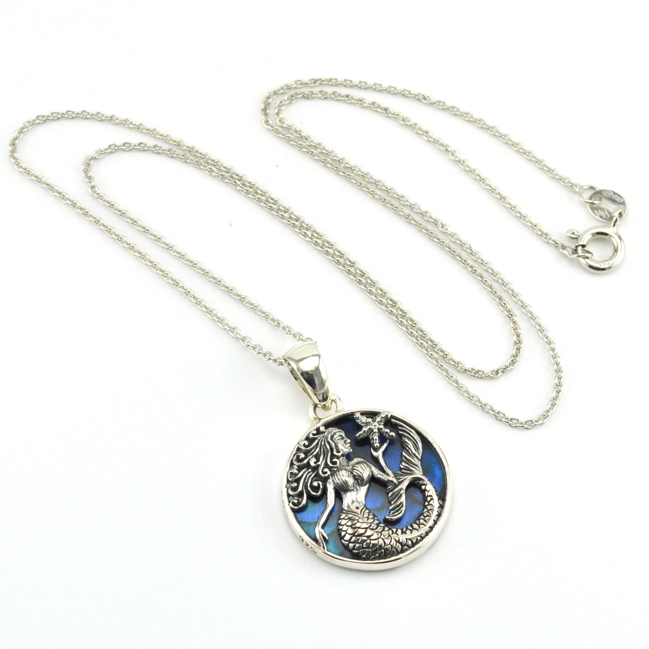 Sterling Silver Blue Abalone Mermaid with Starfish Necklace