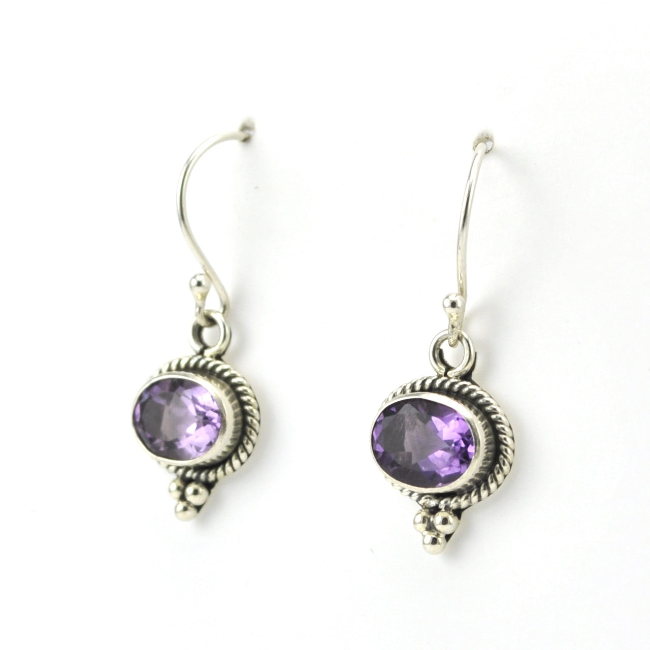 Side View Sterling Silver Amethyst Side Oval Bali Dangle Earrings