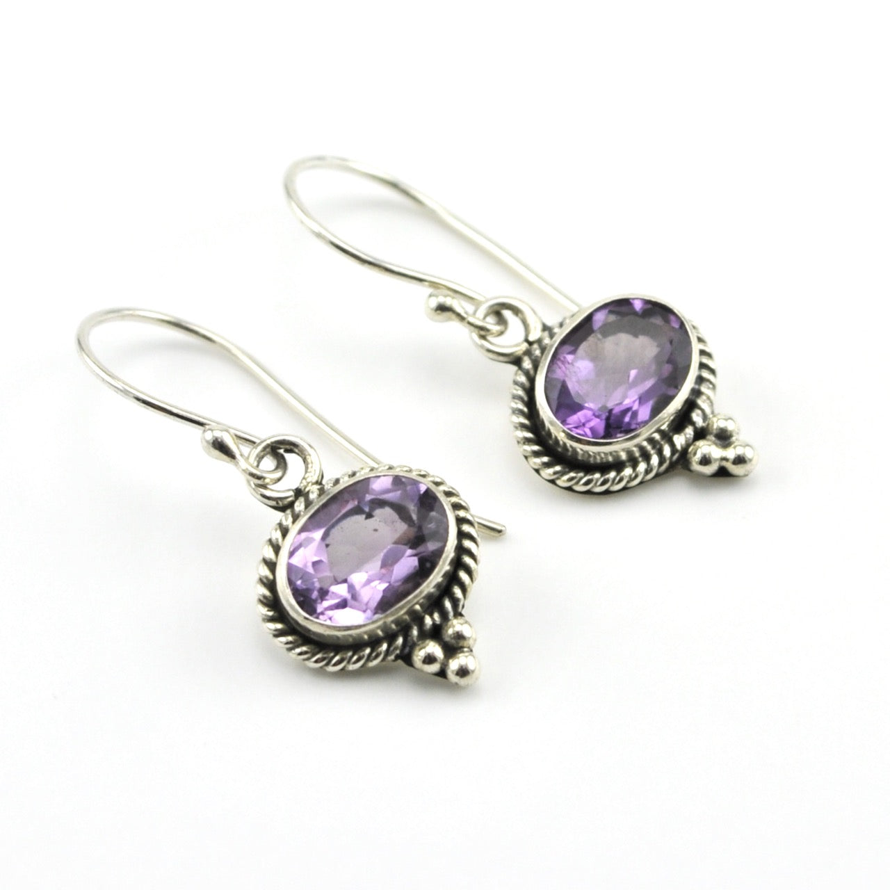 Sterling Silver Amethyst Side Oval Bali Dangle Earrings