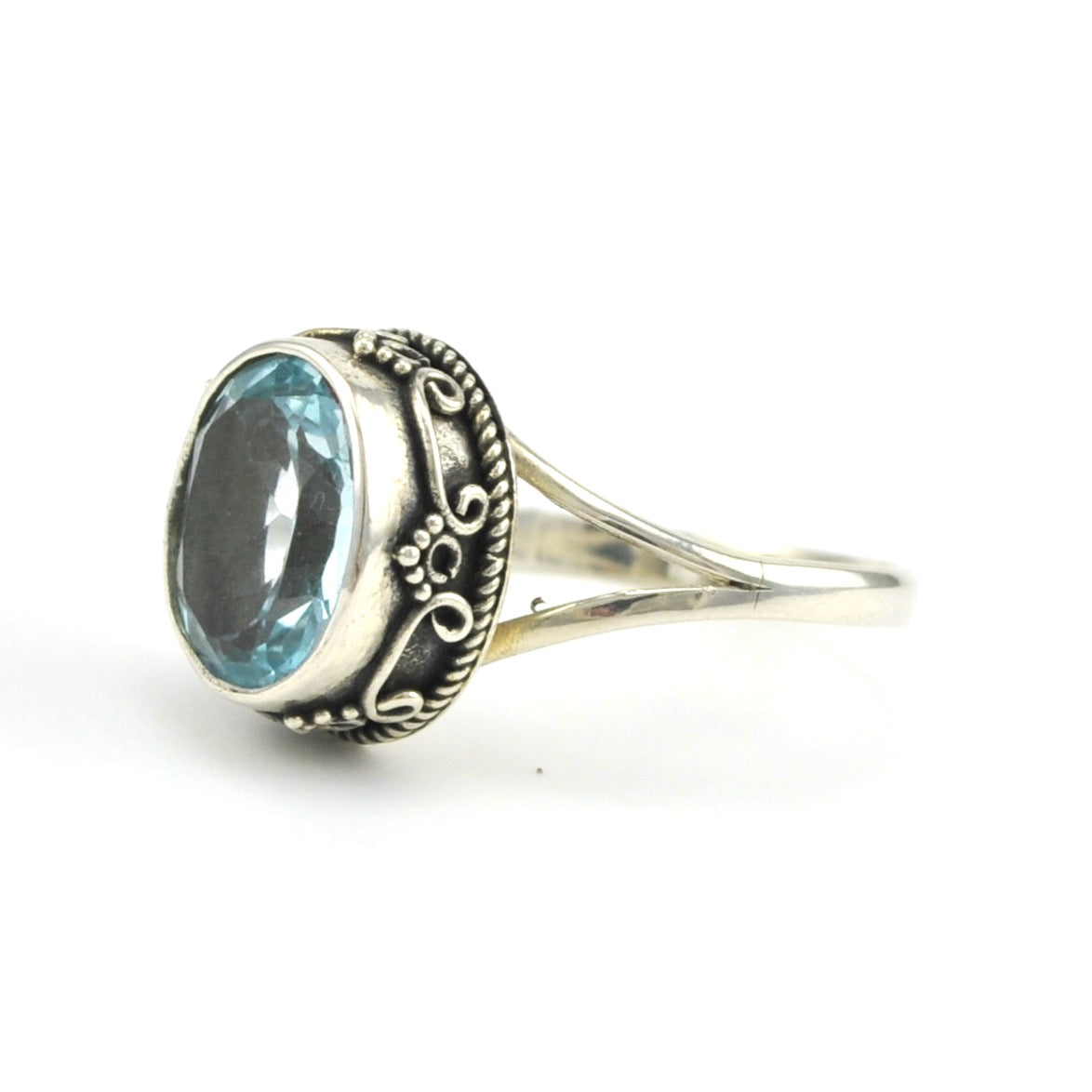 Sterling Silver Blue Topaz Oval Bali Ring