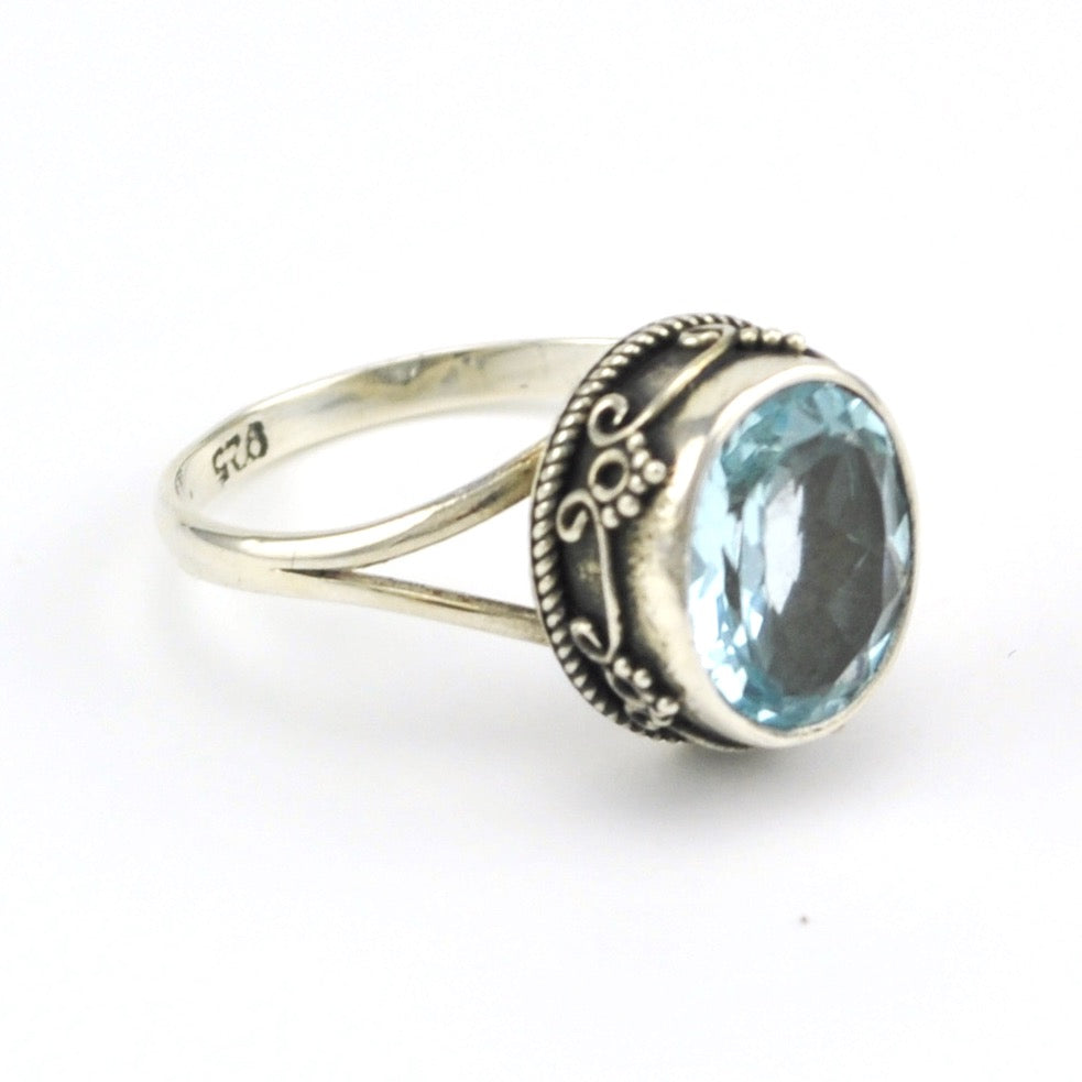 Side View Sterling Silver Blue Topaz Oval Bali Ring