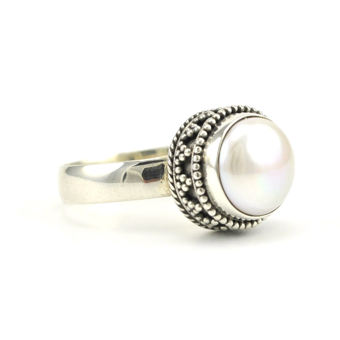 Sterling Silver Pearl Bali Ring