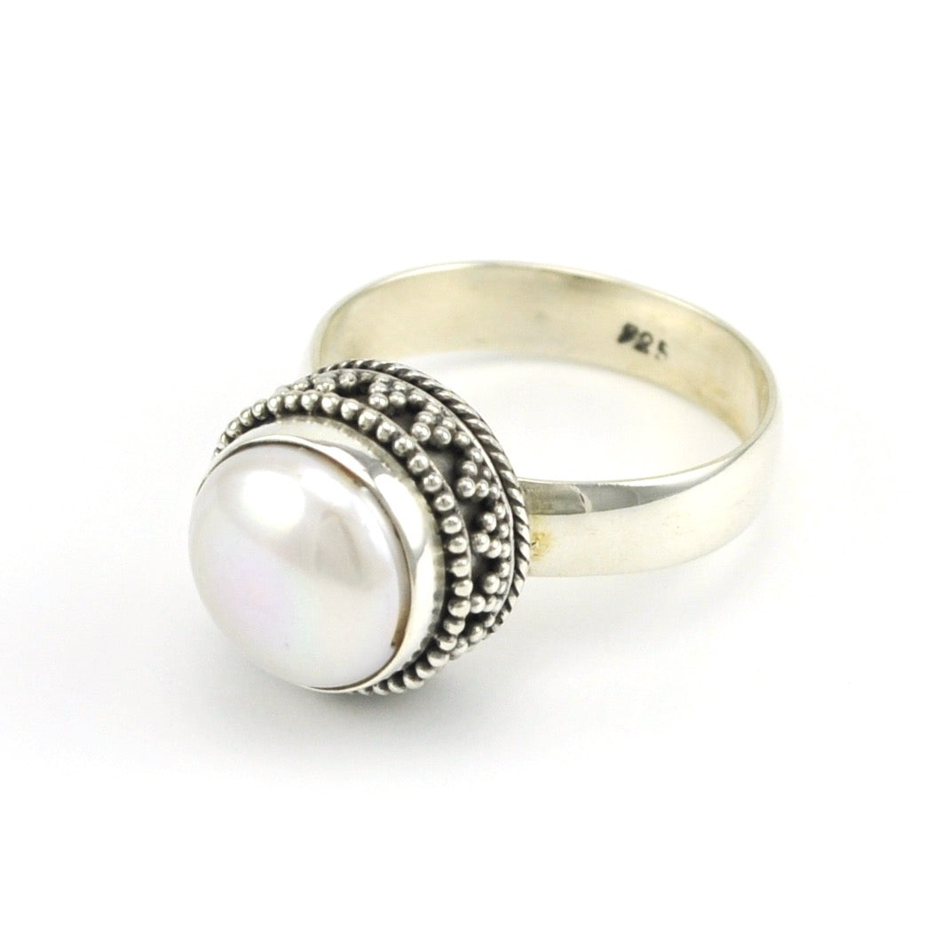 Side View Sterling Silver Pearl Bali Ring