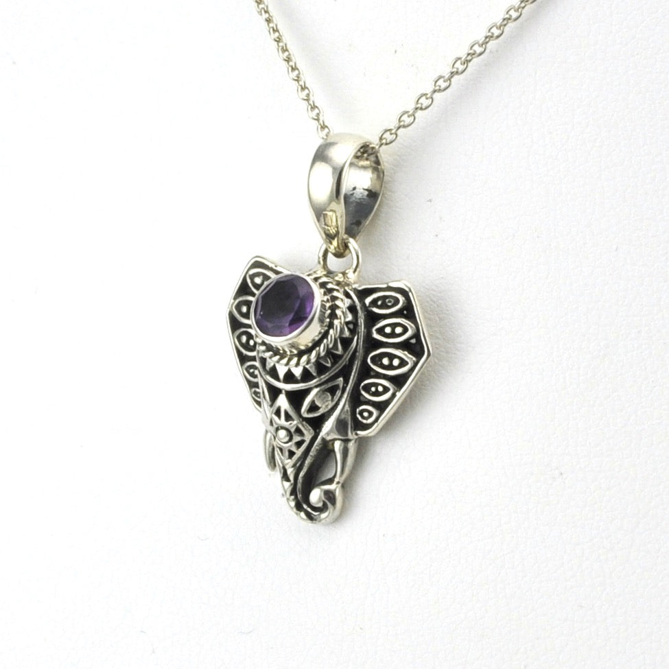 Side View Sterling Silver Amethyst Elephant Necklace
