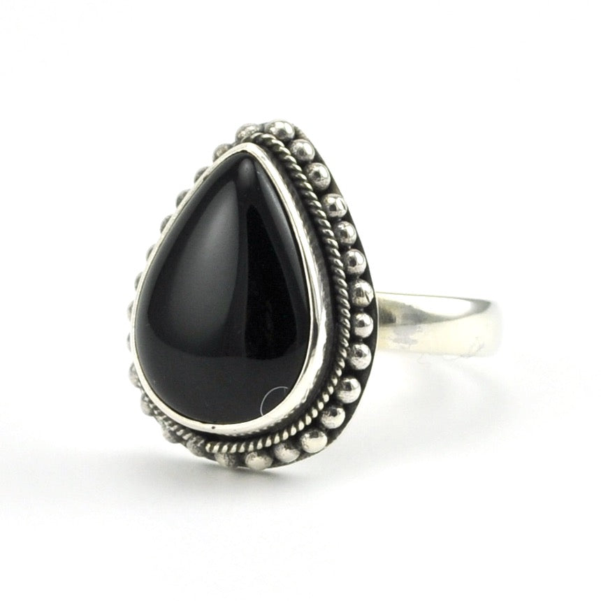 Sterling Silver Black Onyx Tear Bali Ring