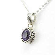 Side View Sterling Silver Amethyst Oval Bali Necklace