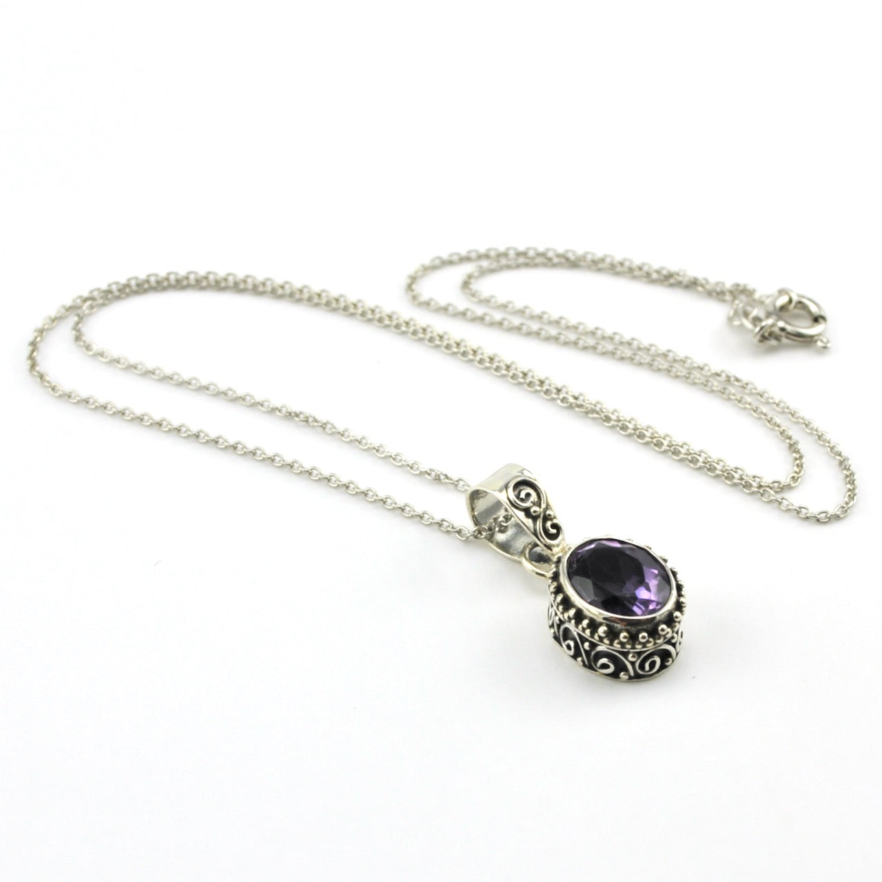 Sterling Silver Amethyst Oval Bali Necklace