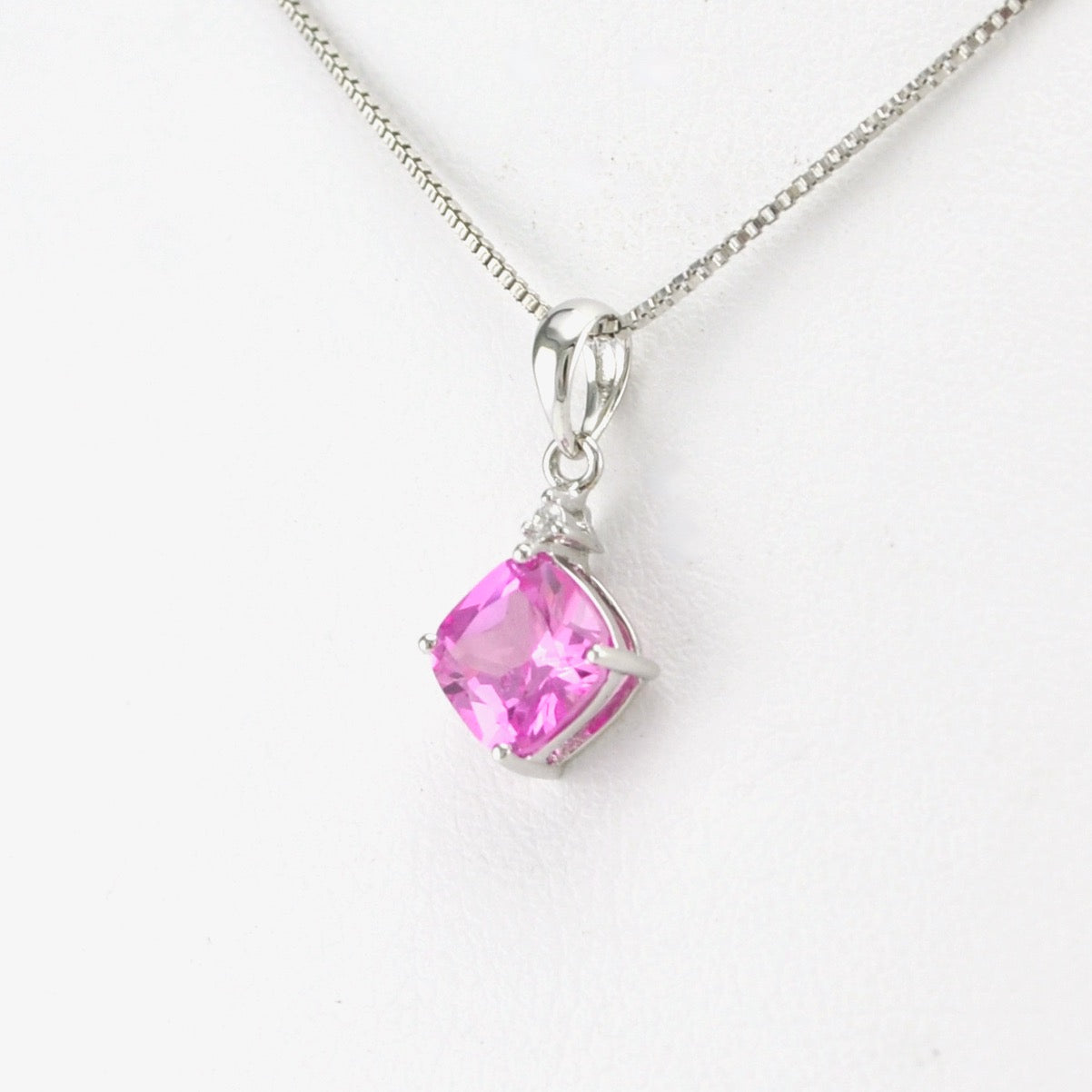 Side View Sterling Silver Created Pink Sapphire 1ct Square CZ Necklace