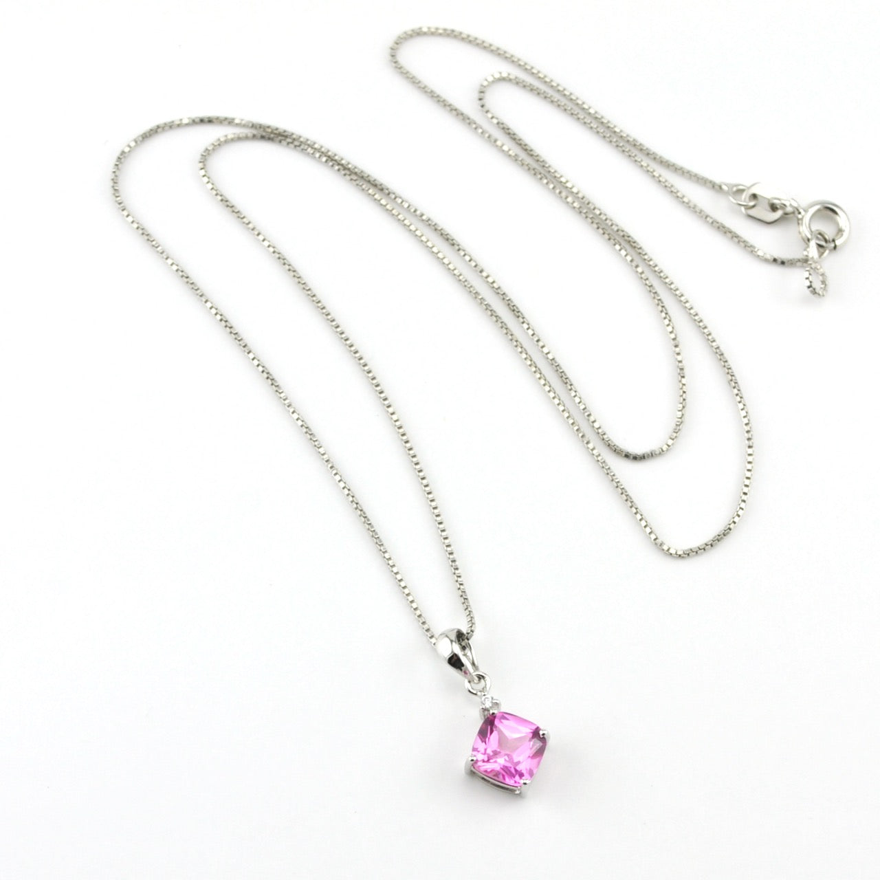 Sterling Silver Created Pink Sapphire 1ct Square CZ Necklace