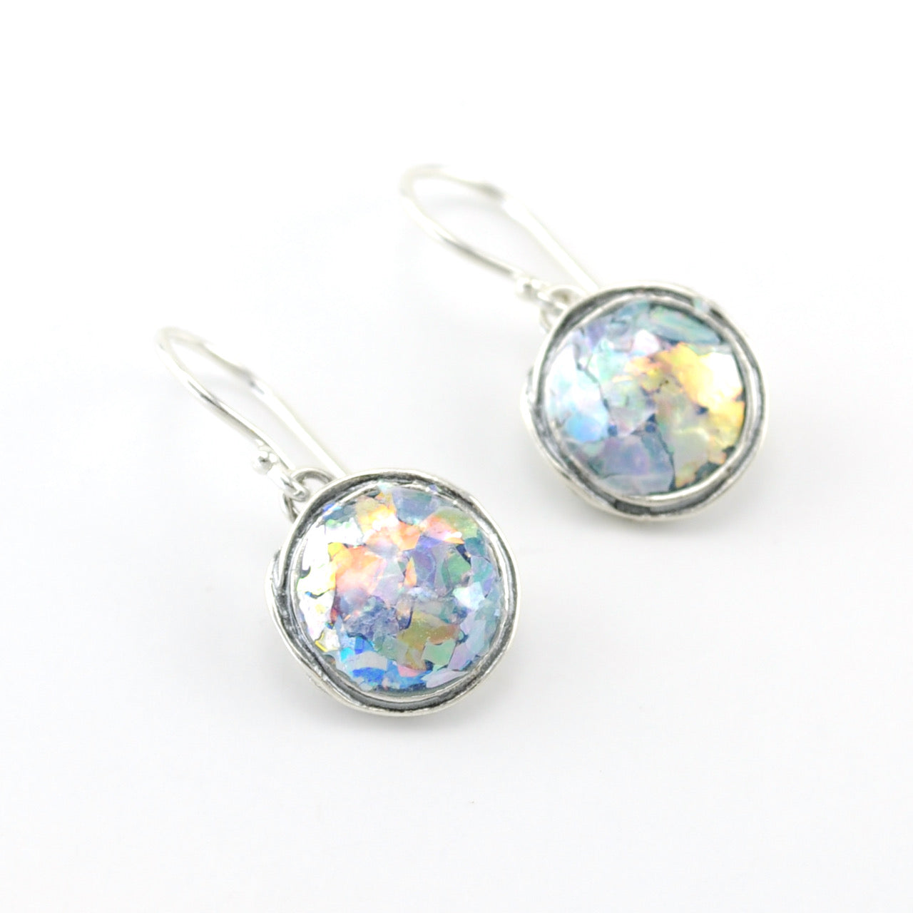 Silver Colorful Roman Glass Circle Dangle Earrings