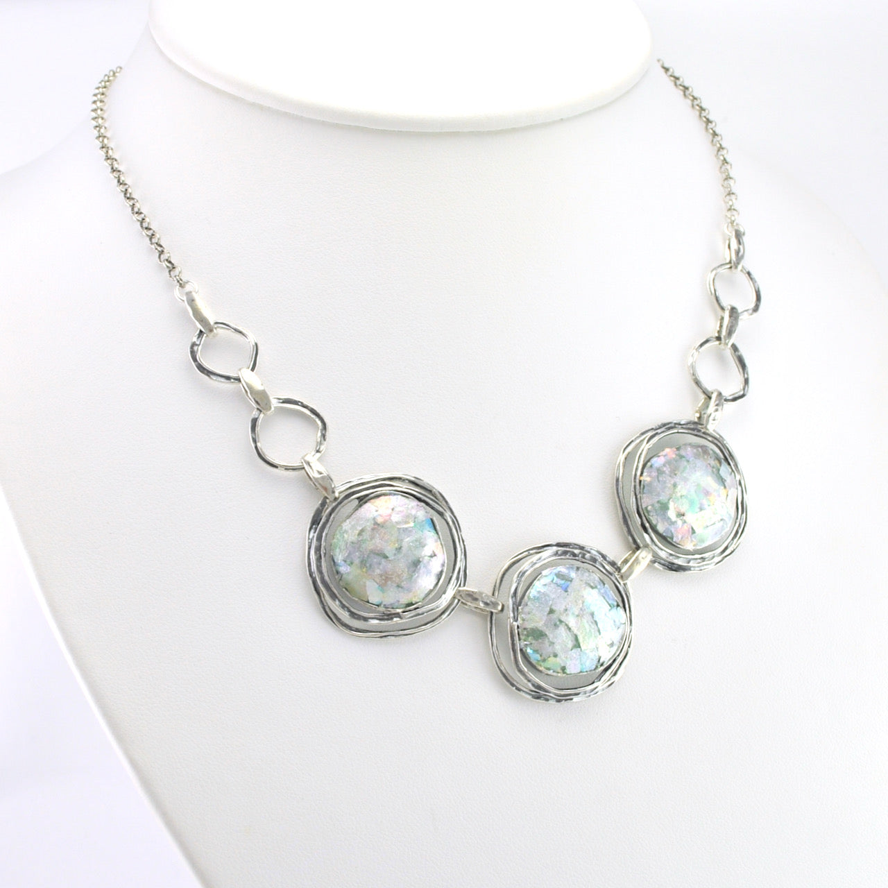 Side View Silver Roman Glass 3 Circle Necklace
