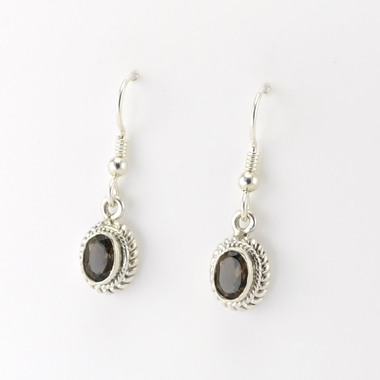 Silver Smoky Quartz 5x7mm Oval Dangle Earrings