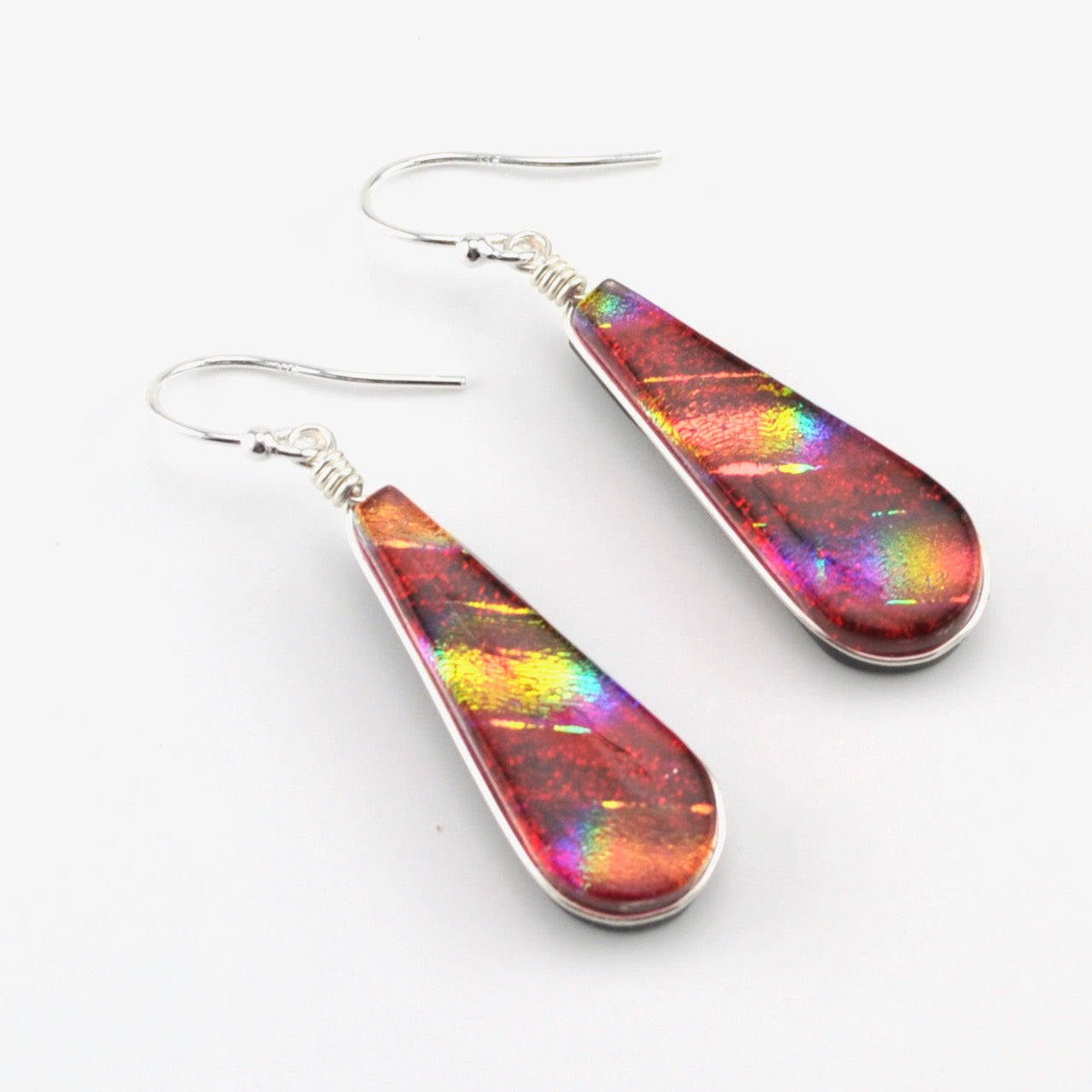 Sterling Silver Dichroic Glass Rainbow Red Tear Earrings