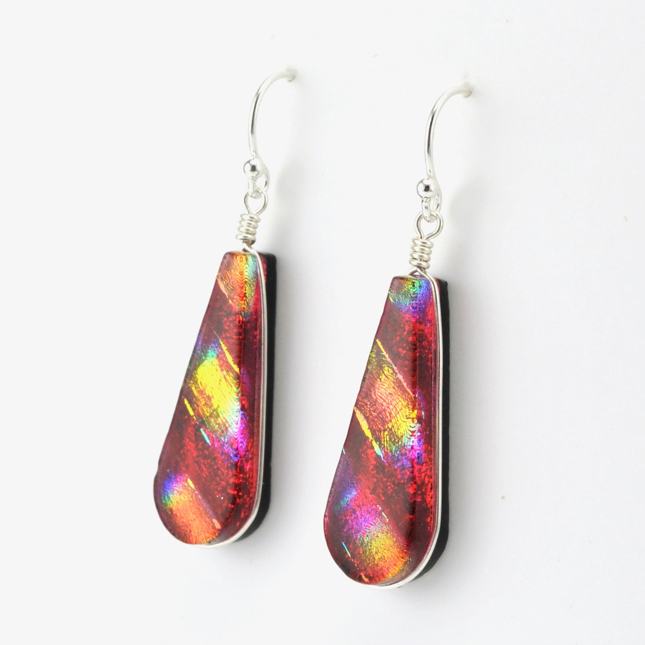 Side View Sterling Silver Dichroic Glass Rainbow Red Tear Earrings