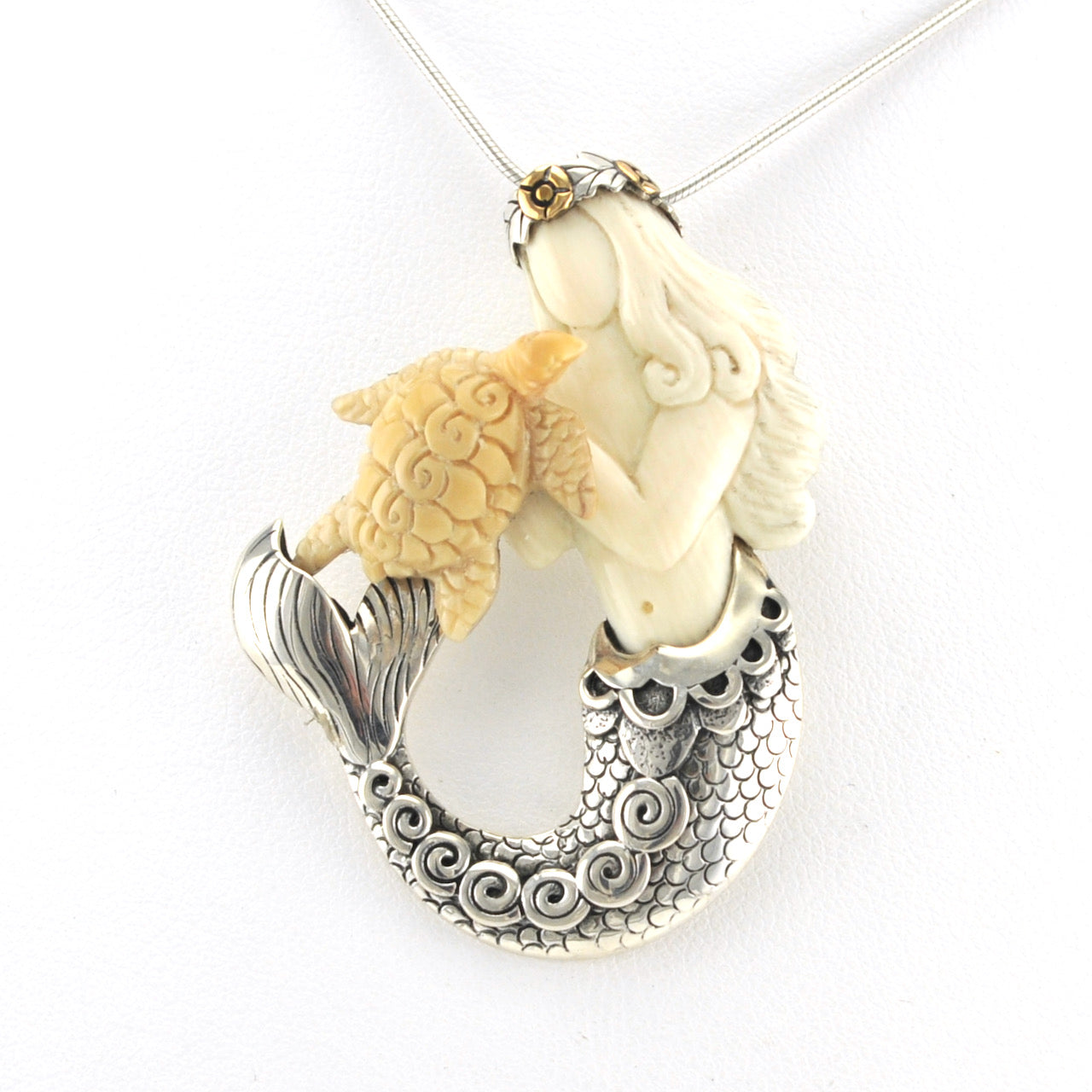 Silver Fossil Ivory Mermaid and Sea Turtle Pendant or Pin