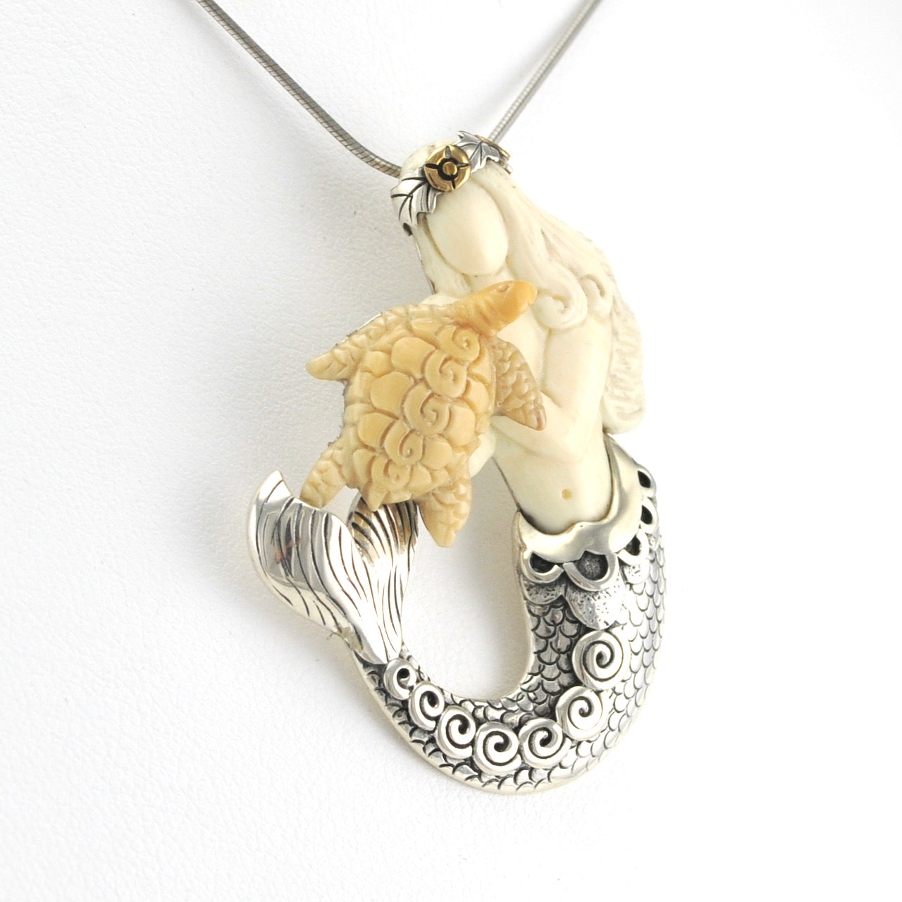 Side View Silver Fossil Ivory Mermaid and Sea Turtle Pendant or Pin
