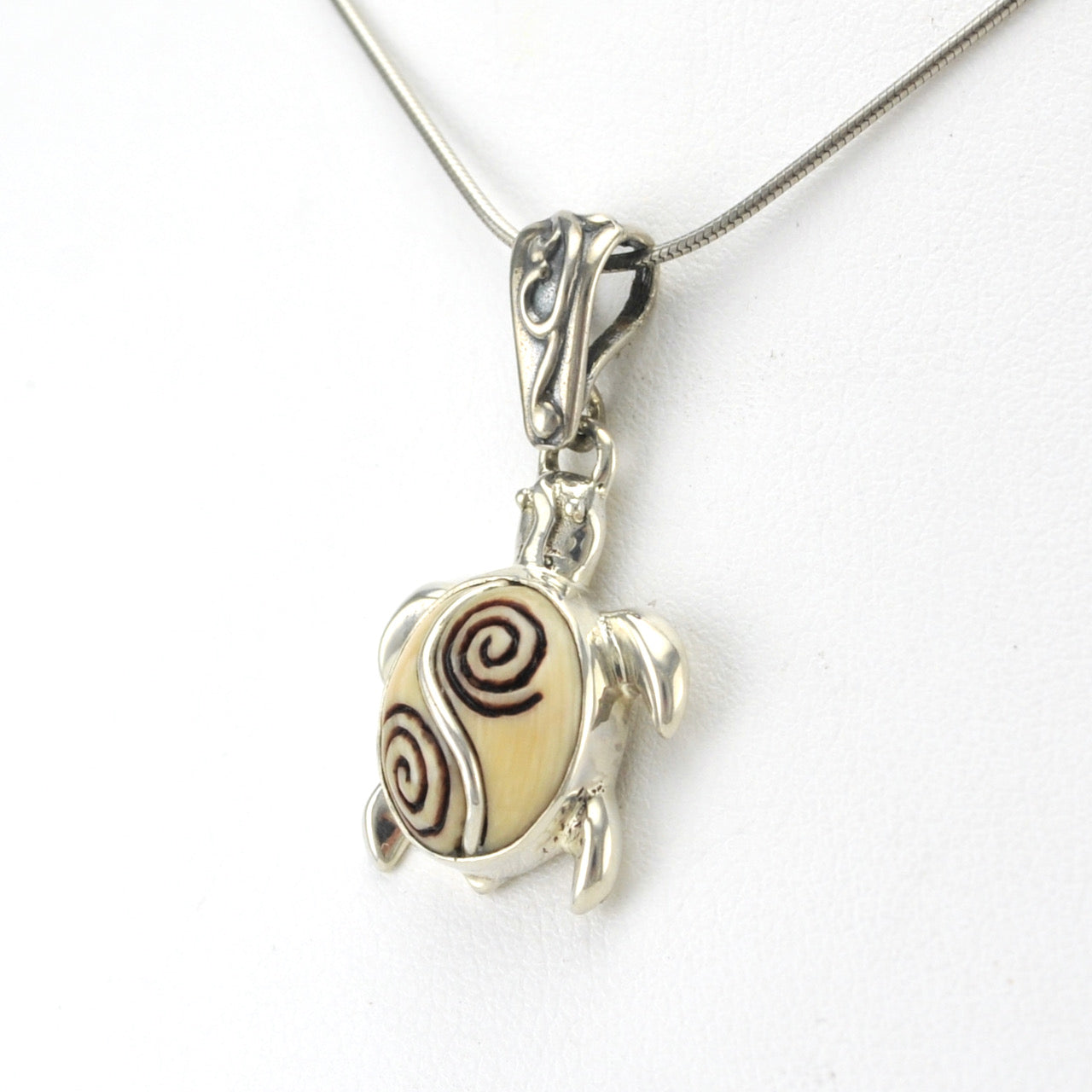 Side View Fossilized Ivory with Sterling Silver Sea Turtle Necklace
