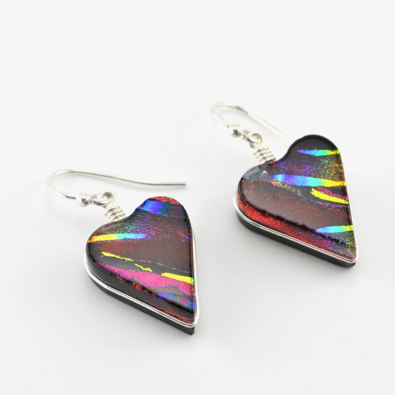 Alt View Silver Dichroic Glass Rainbow Red Heart Earrings