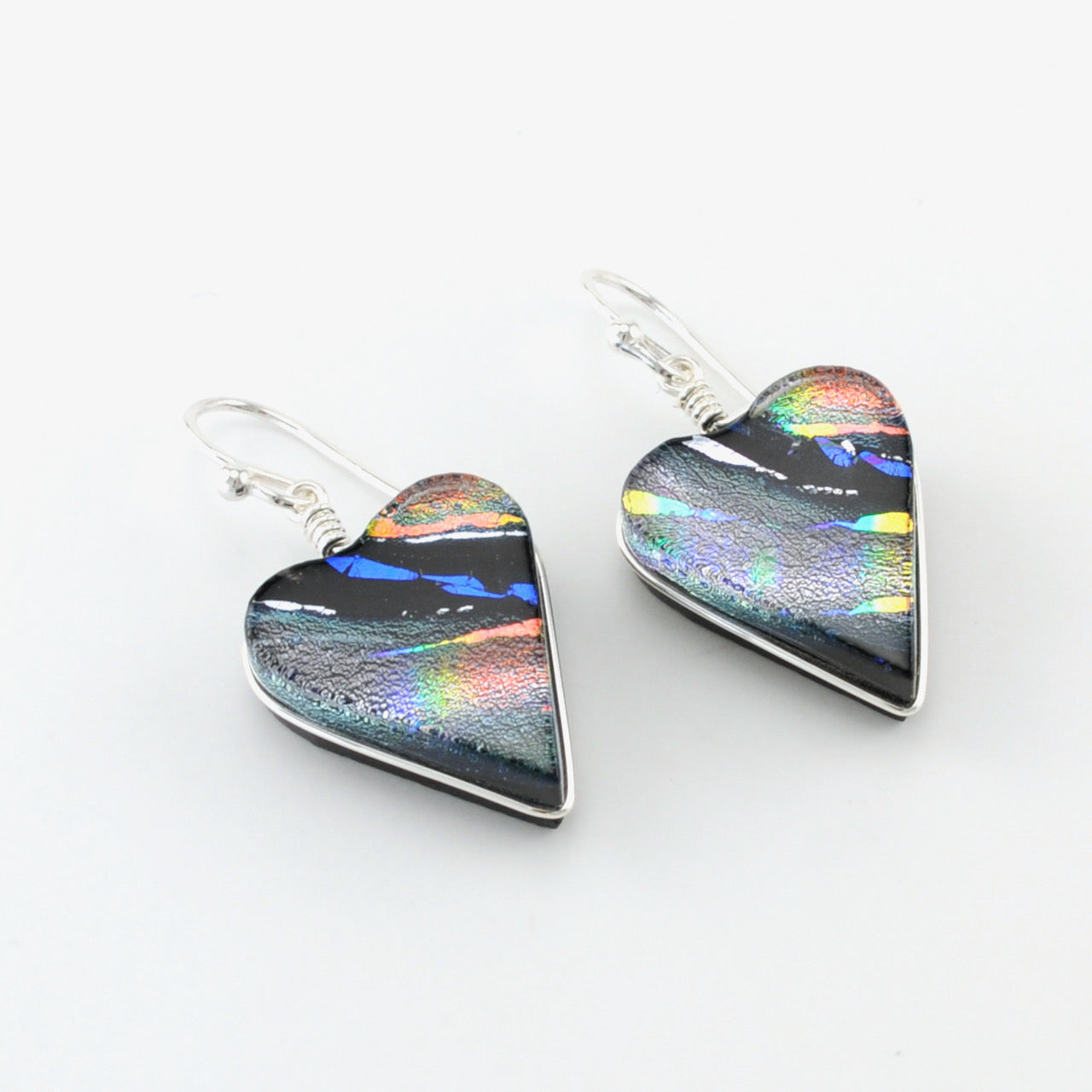Silver Dichroic Glass Silver Heart Dangle Earrings