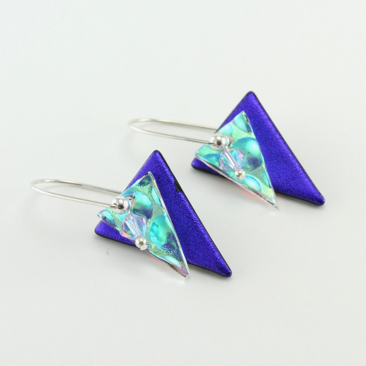 Deep Electric Purple Fused Glass Double Triangle Earrings