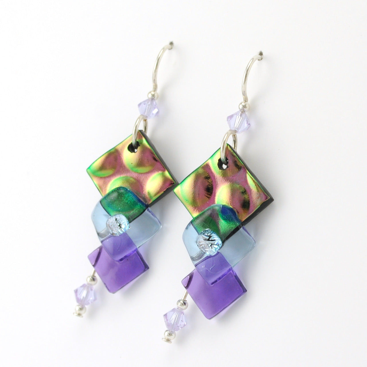 Radium Purple Fused Glass 3 Graduated Squares Earrings