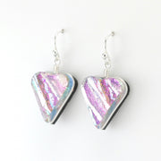 Silver Dichroic Glass Pink Heart Dangle Earrings