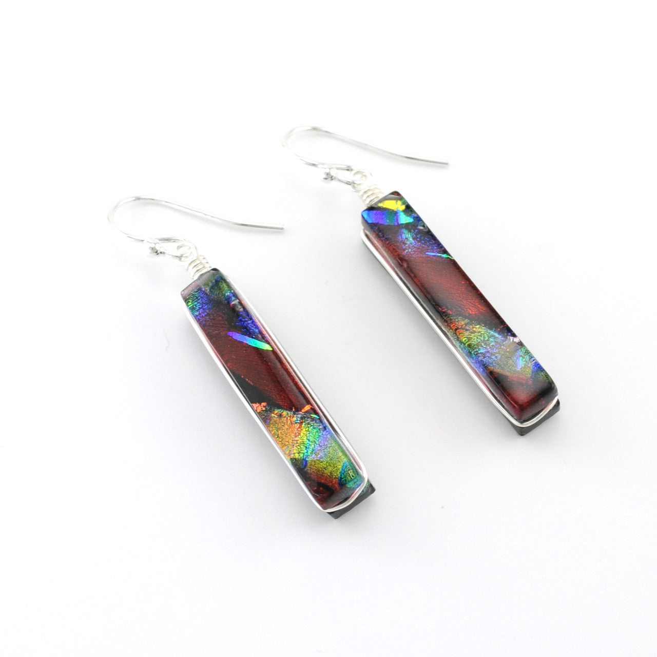 Silver Dichroic Glass Rainbow Red Rectangular Earring